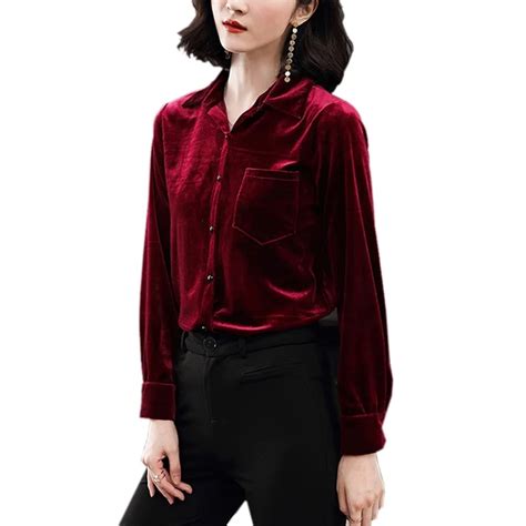 Spring Autumn Velvet Blouse Womens Tops And Shirt Red Green Vintage