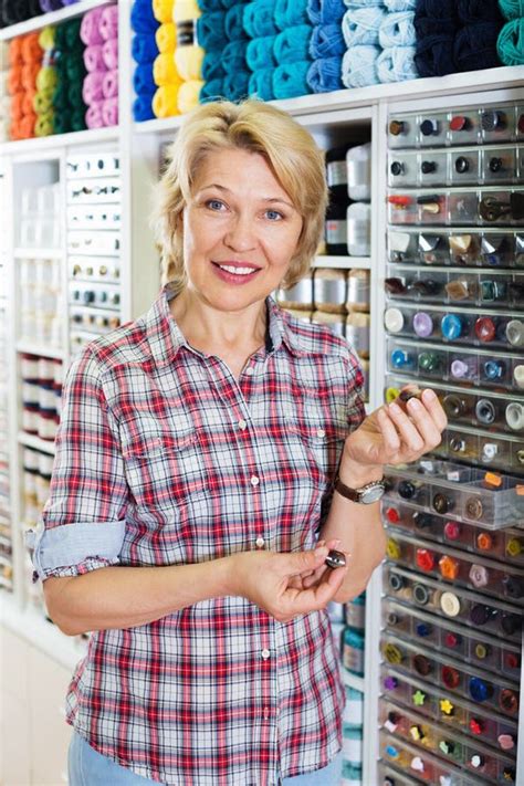 Mature Glad Woman Customer Picking Various Buttons Stock Image Image