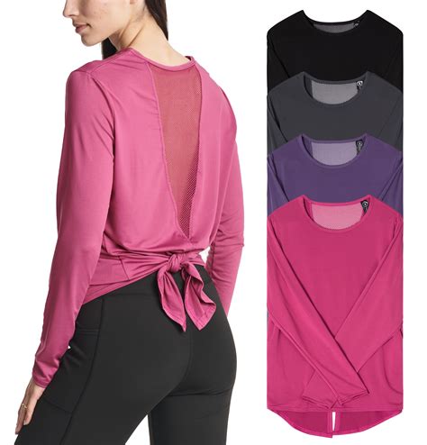 Real Essentials 4 Pack Womens Dry Fit Long Sleeve Tie Back Athletic Workout T Shirt Available