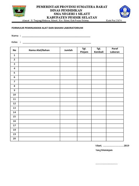 Form Peminjaman Alat Dan Bahan Labor Pdf