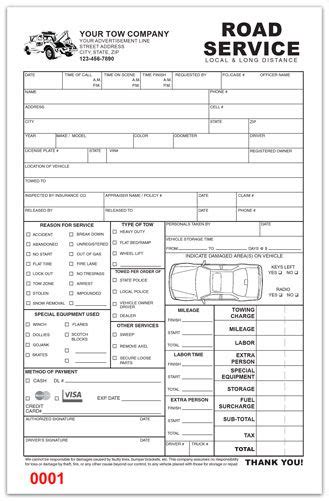 Custom Printed Road Service Ticket Towing Service