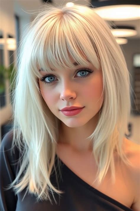 Trendy Shoulder Length Bob Hairstyles Platinum Blonde Bob With Blunt Bangs