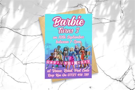 Personalised Barbie Birthday Invitation Barbie Evite Girls Digital