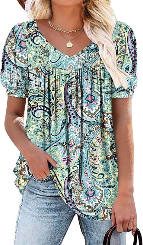 Roselinlin Womens Ruffle Sleeve Tunic Tops V Neck Loose Fit Short