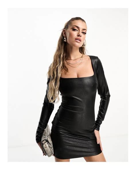 Naked Wardrobe Leather Look Square Neck Mini Dress In Black Lyst