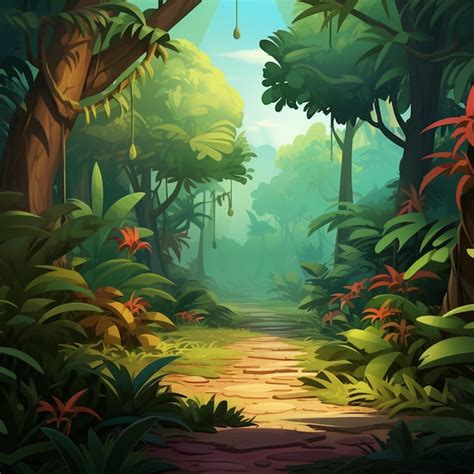 A Cartoon Illustration Of A Path In A Tropical Jungle Generative Ai