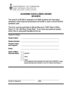 Fillable Online Oise Utoronto ACADEMIC EXCELLENCE AWARD 2015 2016