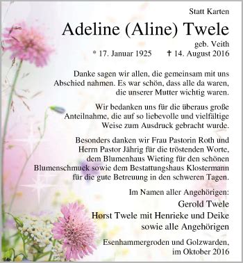 Traueranzeigen Von Adeline Aline Twele Nordwest Trauer De