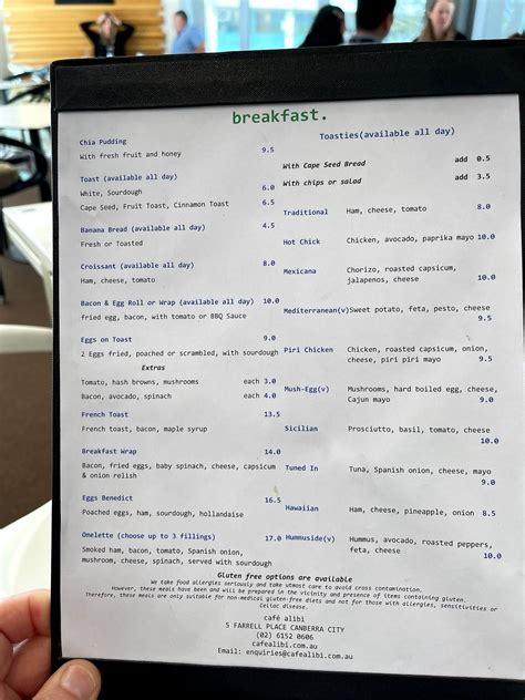 Menu at Cafe Alibi, Canberra