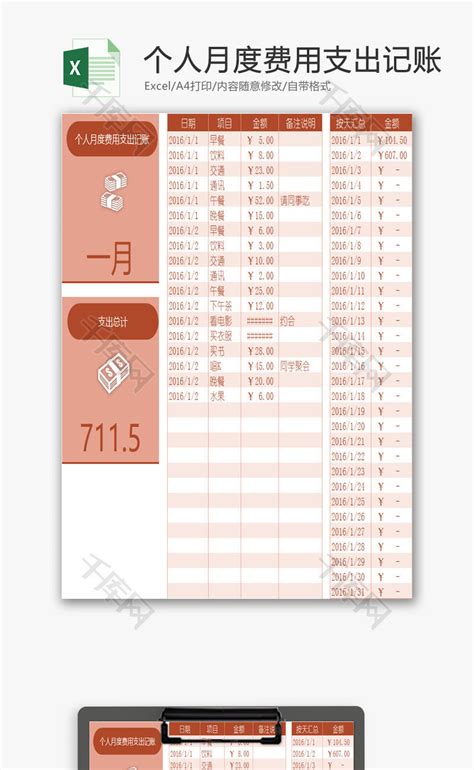 个人月度费用支出记账excel模板千库网excelid：94016