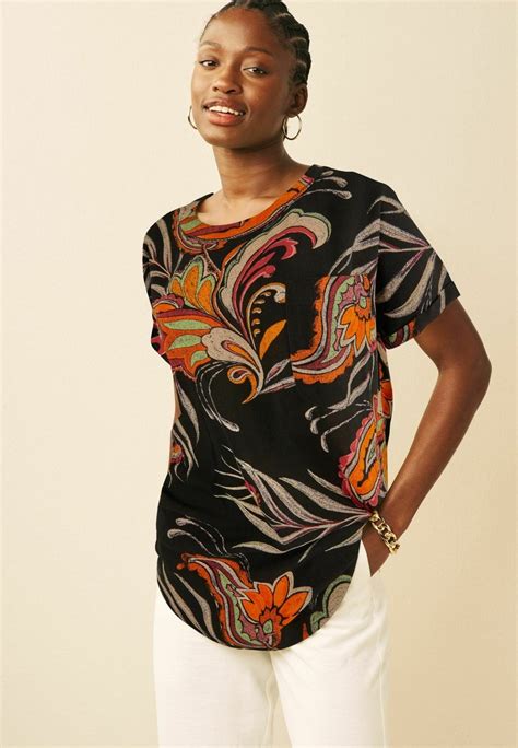 Next Short Sleeve Curved Hem Pocket Blouse Black Feather Printed