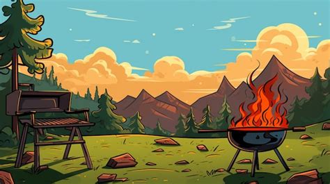 Une illustration de dessin animé d un barbecue avec des montagnes en