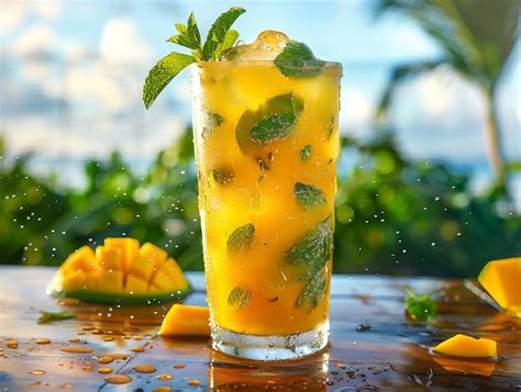 Refreshing Mango Mojito Mocktail Served In A Tall Glass With Garnishes