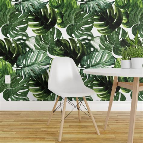 Peel And Stick Wallpaper 2ft Wide Large Scale Monstera Leaves Tropical Rainforest Jungle Green