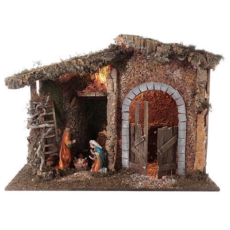 Capanna sughero per presepe 20 cm Natività luce portone fienile