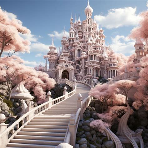 Premium Photo Enchanted Pink Castle Amidst Blossoming Trees