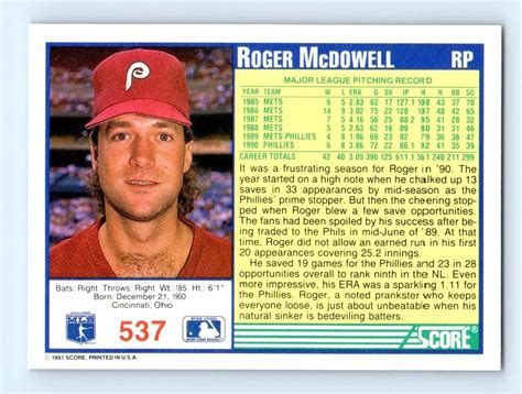 1991 Score Roger McDowell Philadelphia Phillies 537 EBay