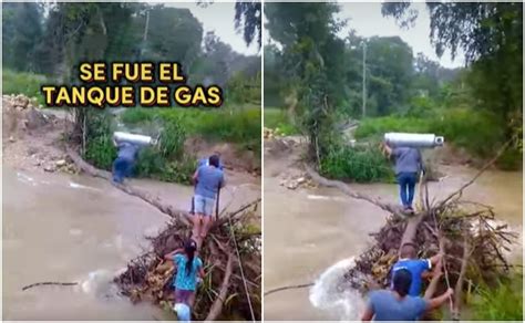 Video Intentan cruzar el río cargando un cilindro de gas en Chiapas