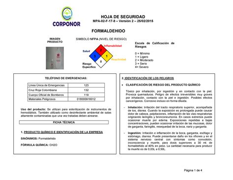 Hoja de seguridad Formol MPA 02 F 17 8 Versión 2 25 02