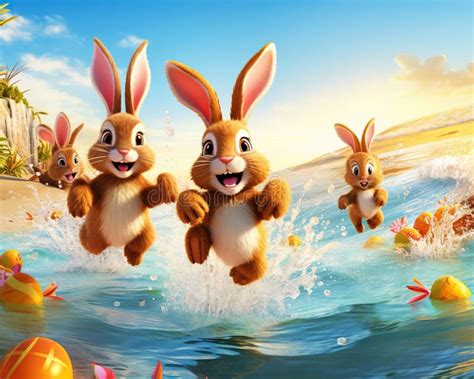 Easter Bunnies Swim And Hunt Easter Eggs In The Sea Stock Illustration