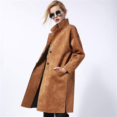 Women Slim Faux Suede Leather Mid Long Jacket Trench Single Breasted Overcoat Sz Unbranded