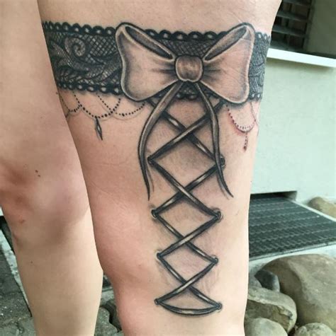 Lace Belt Garter Tattoos Designs Gun Bow On Thigh Leg