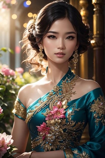 Premium Ai Image A Beautiful Thai Woman In A Blue Thai Dress And Gold