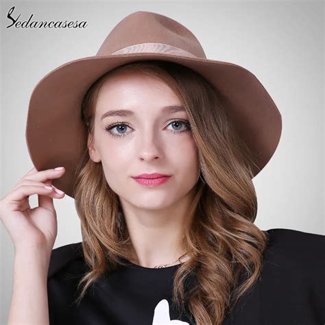 Brand Spring Fashion Wide Brim Australian Wool Felt Hat Black Khaki Ladies Womens Elegant Hats