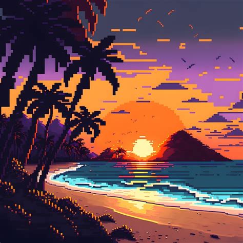 Premium Ai Image A Pixel Art Style Beach Scene With A Sunset And Palm Trees