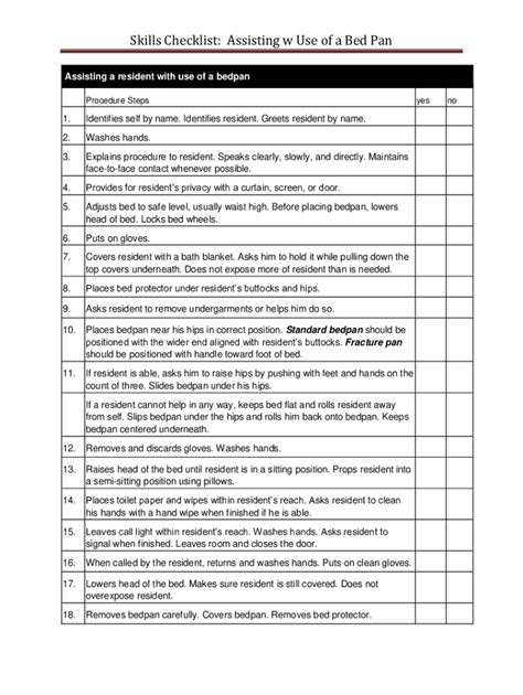 Fillable Online Skills Checklist Assisting W Use Of A Bed Pan