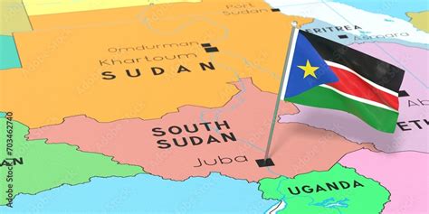 South Sudan, Juba - national flag pinned on political map - 3D ...