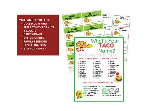 Whats Your Taco Name Game Taco Name Tags And Sign Cinco De Mayo