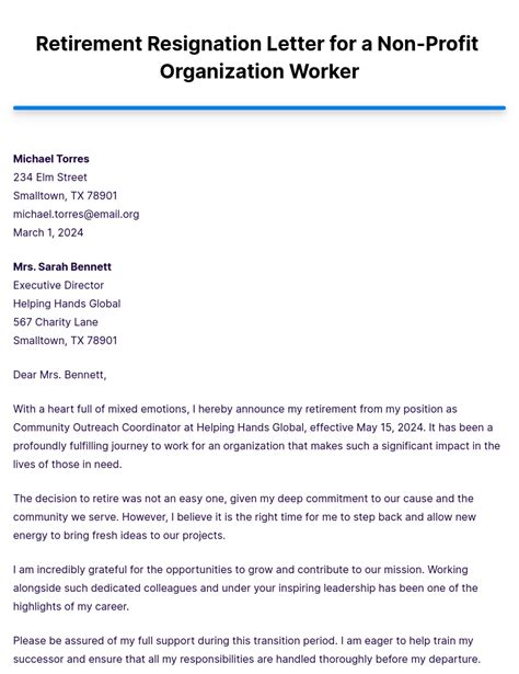 Retirement Resignation Letter For A Non Profit Organization Worker Example Edit And Download