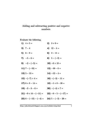 Adding Positive And Negative Numbers Worksheet