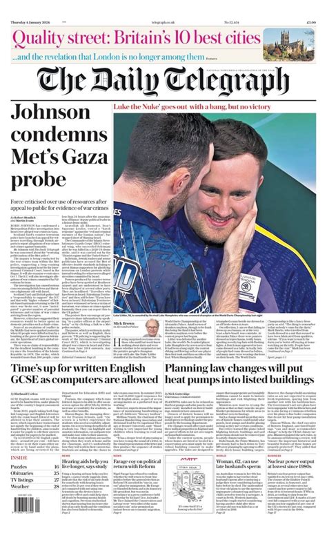 Daily Telegraph Front Page 4th Of January 2024 Tomorrow S Papers Today