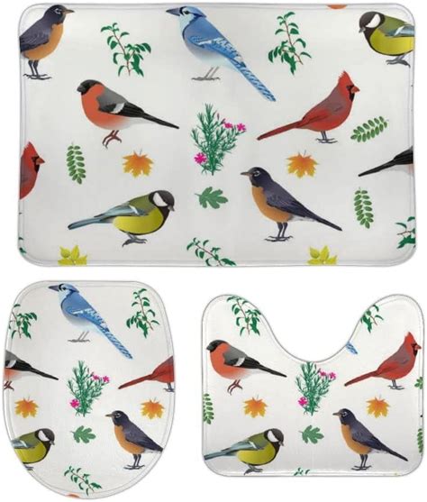 Skysonic Non Slip Piece Bathroom Rug Set Cardinal Birds And Leaves