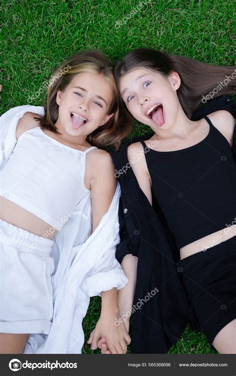 Fraternal Twins Sisters Blonde Brunette Teen Girls Fashionable Black White Stock Photo By