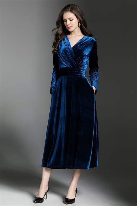 Velvet A Line Evening V Neck Long Sleeve Midi Dress