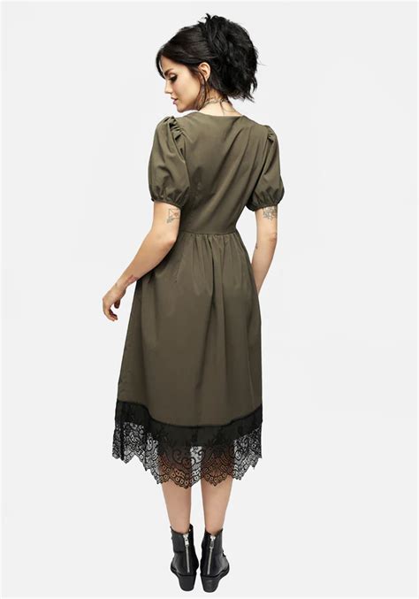 Mortuary Lace Button Up Midi Dress In Tea Leaf Disturbia