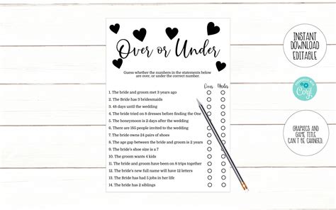 Editable Over Or Under Bridal Shower Game Bridal Over Or Etsy In 2022