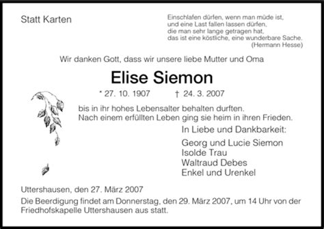 Traueranzeigen Von Elise Siemon Trauer Hna De