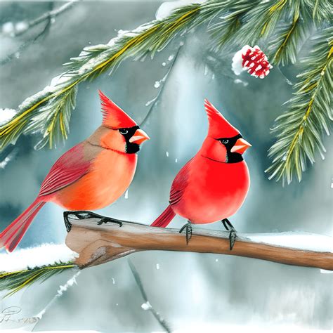 Male And Female Cardinals On A Snowcovered Pine Branch · Creative Fabrica