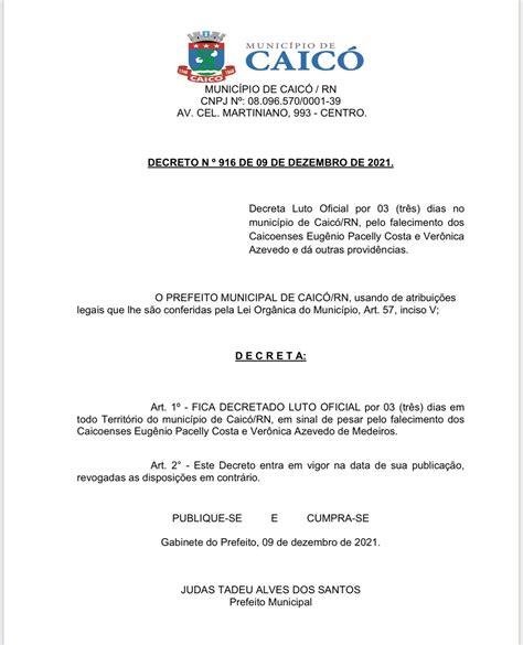 Prefeito De Caic Decreta Tr S Dias De Luto Oficial Pela Morte De