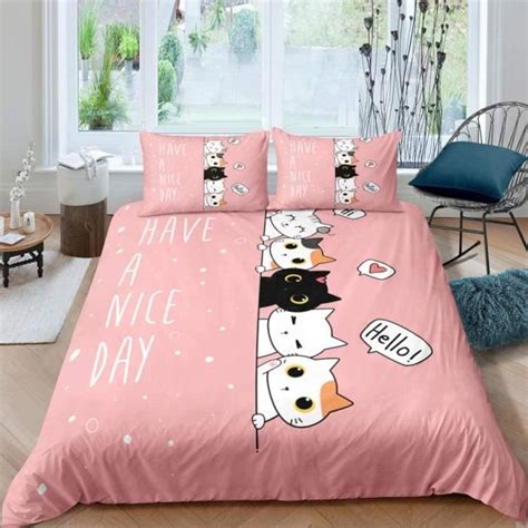 Housse De Couette Fille Chat Rose Parure De Lit Pour Adolescents