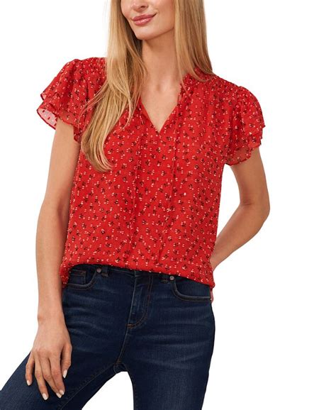 Cece Womens Tie Neck Short Flutter Sleeve Ditsy Floral Blouse Macys