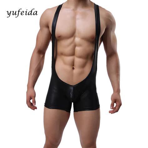 Sexy Mens Black Boxers Short Black Leather Bodysuit Underwear Leotard Freestyle Wrestling