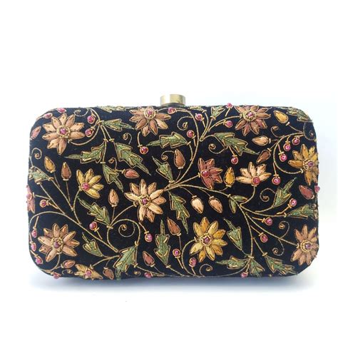 Embroidered Navy Velvet Floral Clutch Bag With Rubies