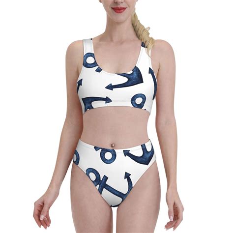 Lukts Women High Waisted Bikini Set Navy Blue Anchor Swimsuit Piece