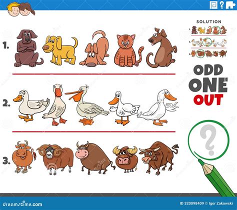 Odd One Out Task With Cartoon Animal Characters Stock Vector