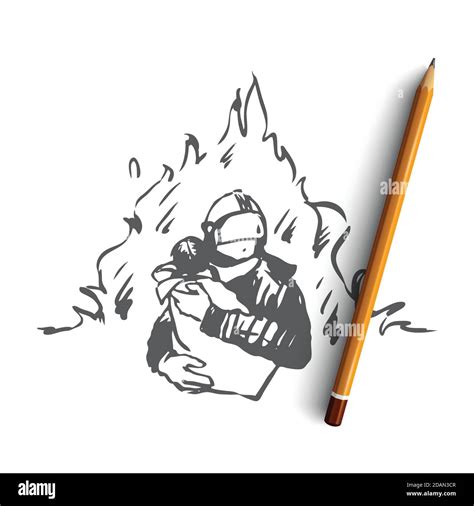 Firefighter, safety, fire, child, rescue concept. Hand drawn isolated ...